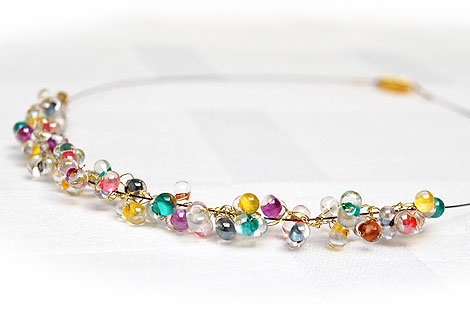 Angel wire and cluster bead necklace - Pretty cluster of clear beads, with multi-coloured centres, woven together with thin gold wire. Strung onto a single wire. Magnetic clasp. Matching bracelet and earrings available.