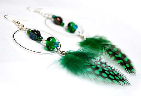 Danni large green feather earrings - Spotty feather earrings hanging from silver plated hoops with bead decoration.