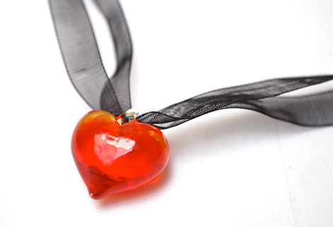 Sweetheart red pendant - A clear glass heart strung onto organza ribbon. Fastened with a lobster clasp